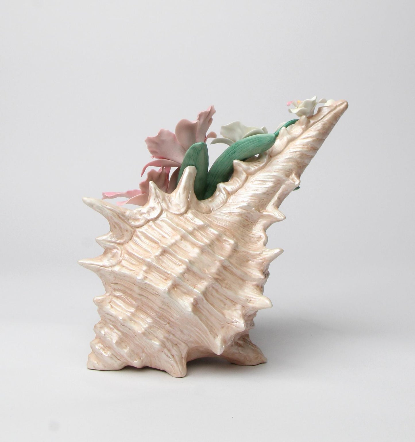 Ceramic Pink Orchid and Narcissus Flowers in a Seashell Figurine Home Décor Gift for Her Gift for Mom Spring Décor