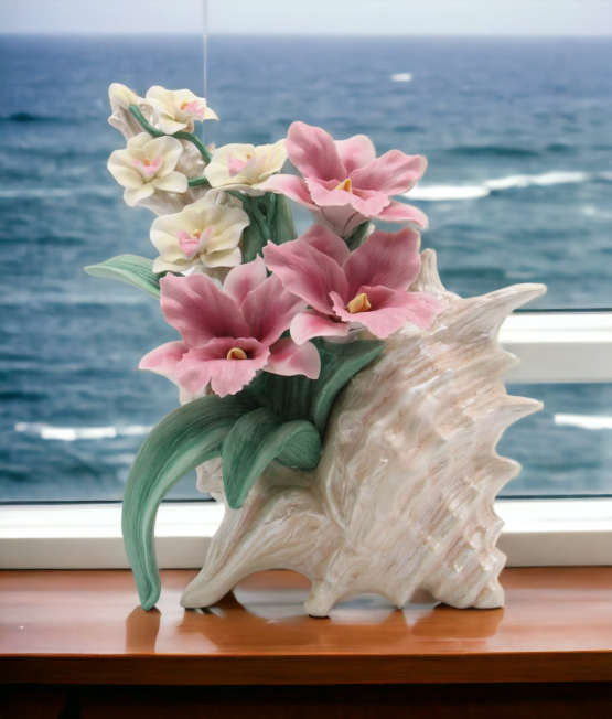 Ceramic Pink Orchid and Narcissus Flowers in a Seashell Figurine Home Décor Gift for Her Gift for Mom Spring Décor