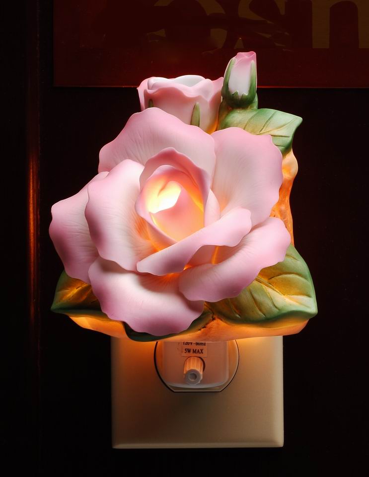 Ceramic Pink Rose Flower Plug-In Light Home Décor Gift for Her Gift for Mom Nature Lover Décor Vintage Decor - Night