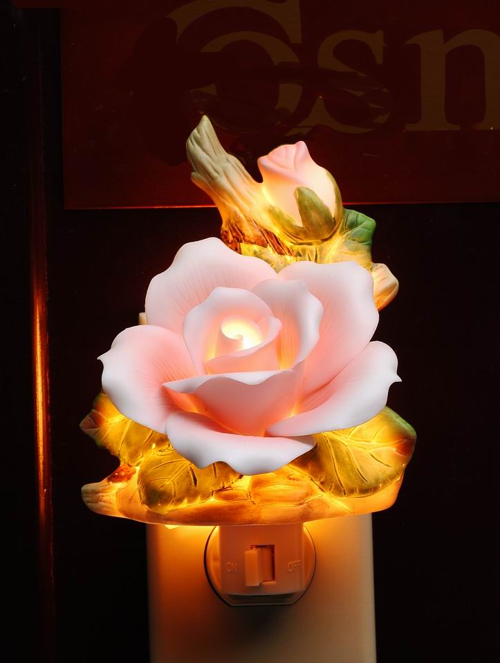 Ceramic Pink Rose Flower Plug-In Nightlight Home Décor Gift for Her Gift for Mom Nature Lover Décor Vintage Decor