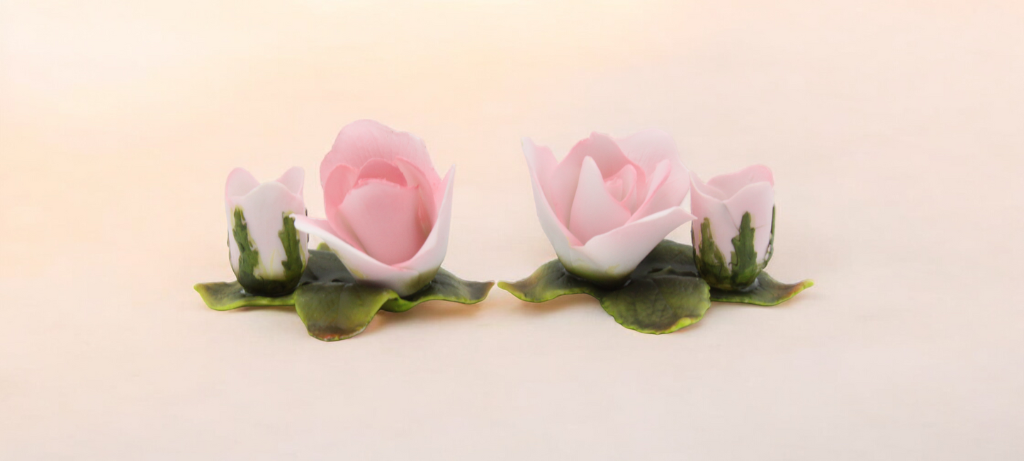 Ceramic Pink Rose Flowers with Buds Candle Holders - Set of 2 Romantic Decor Garden Decor Vintage Decor Gift for Mom
