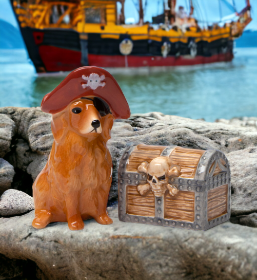 Ceramic Pirate Golden Retriever Dog & Treasure Box Salt & Pepper Shakers Gift for Her Gift for Mom Kitchen Décor Dog