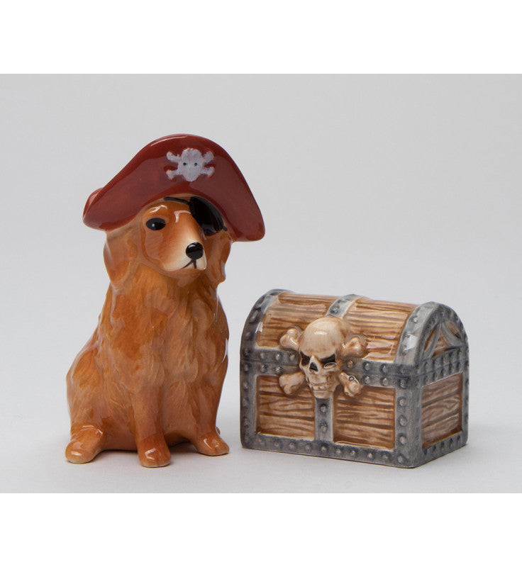 Ceramic Pirate Golden Retriever Dog & Treasure Box Salt & Pepper Shakers Gift for Her Gift for Mom Kitchen Décor Dog