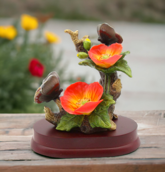 Ceramic Poppy Flowers with Butterfly Figurine Home Décor Gift for Her Gift for Mom Nature Lover Gift - Figurine