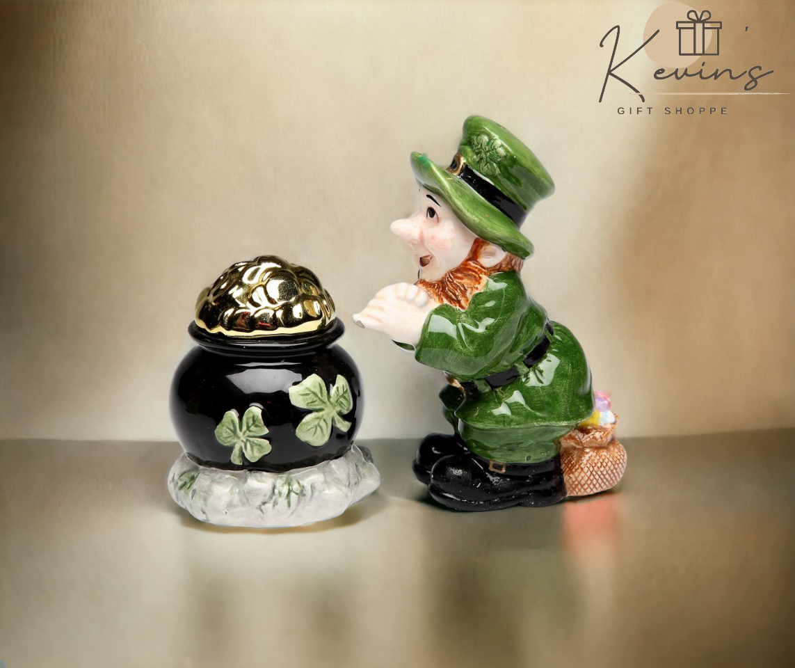 Ceramic Pot of Gold with Leprechaun Salt and Pepper Shakers Gift for Her or Mom Kitchen Décor Irish Saint Patrick’s Day