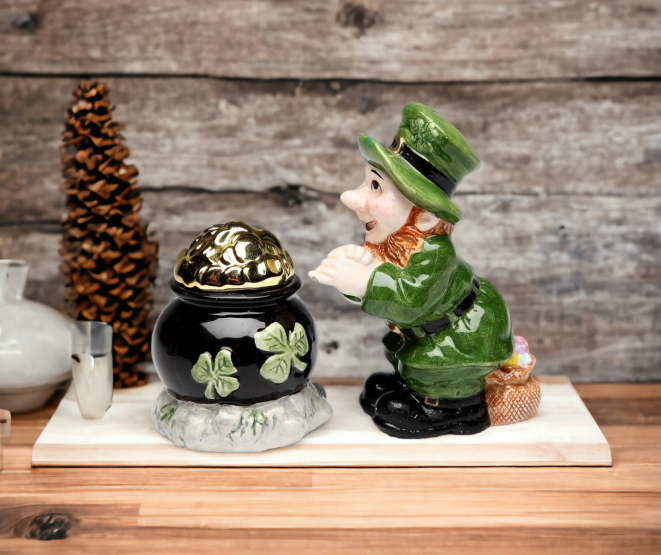 Ceramic Pot of Gold with Leprechaun Salt and Pepper Shakers Gift for Her or Mom Kitchen Décor Irish Saint Patrick’s Day