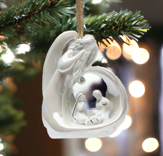 Ceramic Praying Angel With Holy Family Nativity Ornament Home Décor Religious Décor Religious Gift Church Décor Baptism