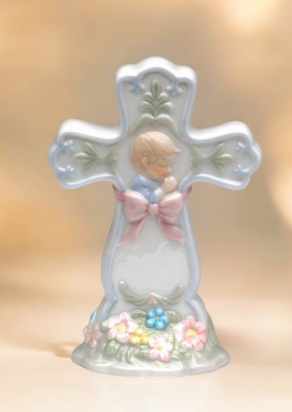 Ceramic Praying Boy Cross Figurine Religious Gift or Decor Baptism Gift Nursery Room Decor - Figurine