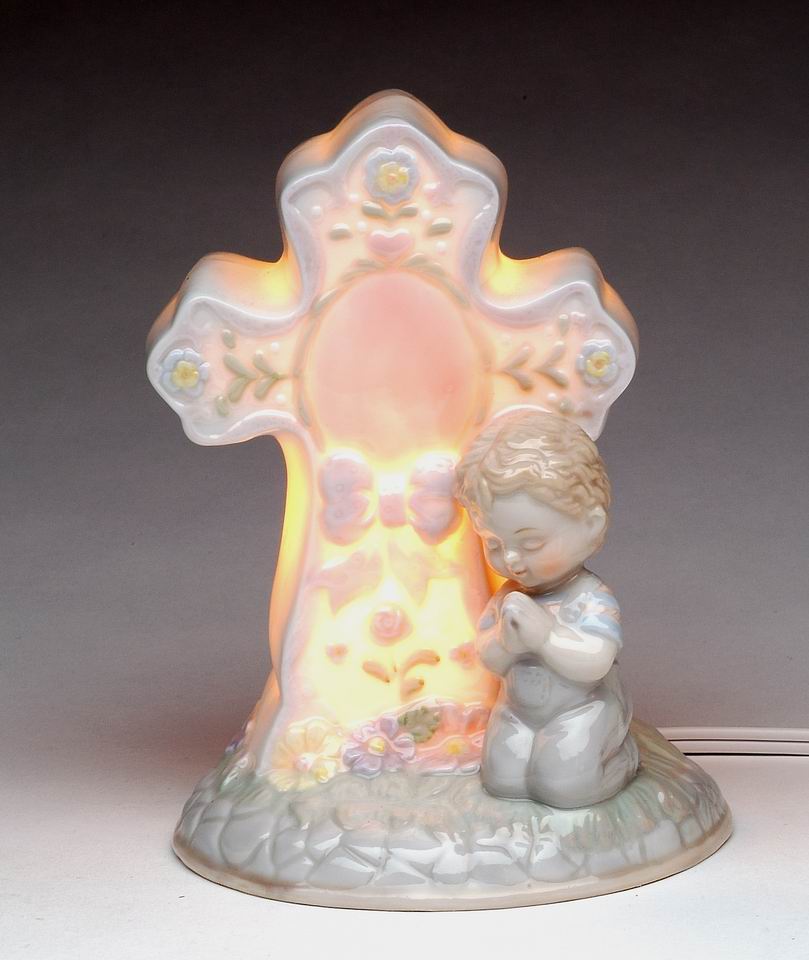 Ceramic Praying Boy Next to Cross Nightlight Religious Gift or Decor Baptism Gift Nursery Room Nightlight - Night