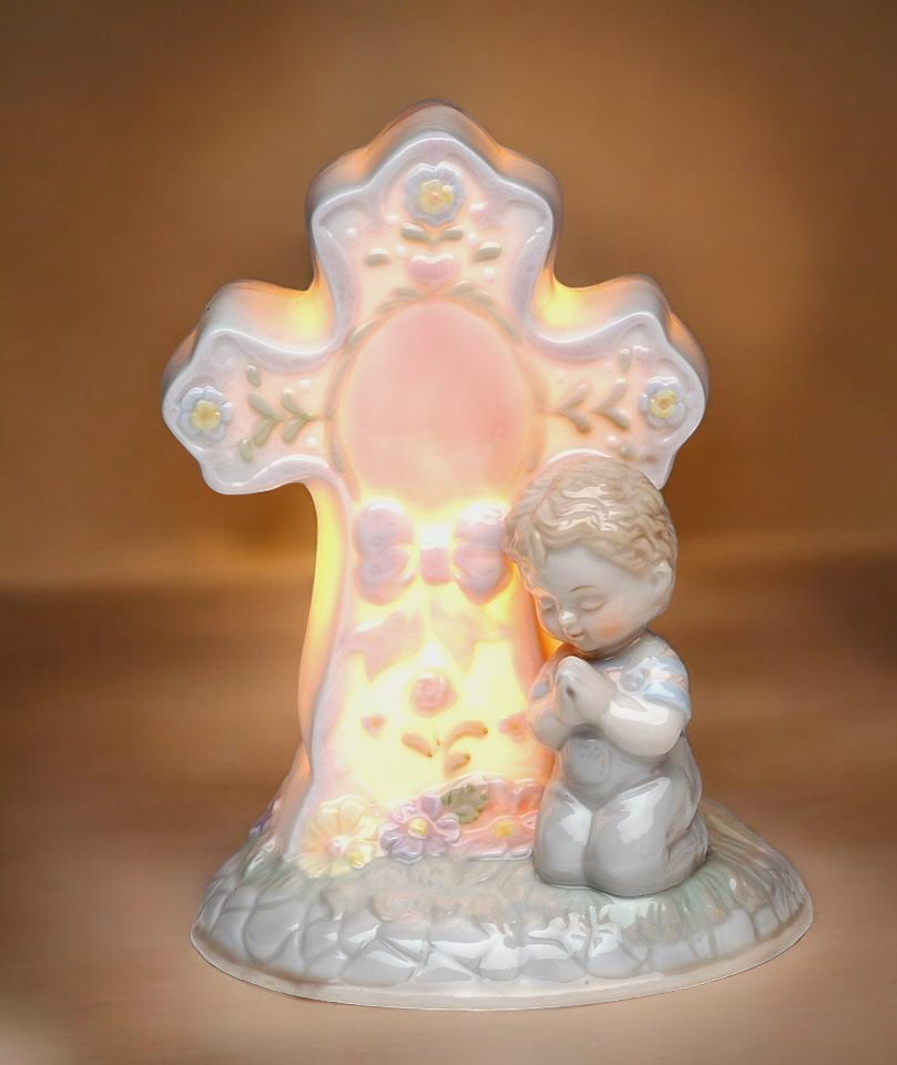 Ceramic Praying Boy Next to Cross Nightlight Religious Gift or Decor Baptism Gift Nursery Room Nightlight - Night