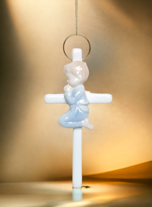 Ceramic Praying Boy On Cross Wall Decor Religious Décor Religious Gift Church Décor Baptism Gift - wall decor