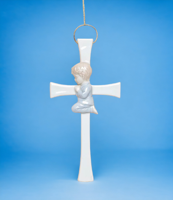 Ceramic Praying Boy On The Cross Wall Decor Home Décor Religious Décor Religious Gift Church Décor Baptism Gift - wall