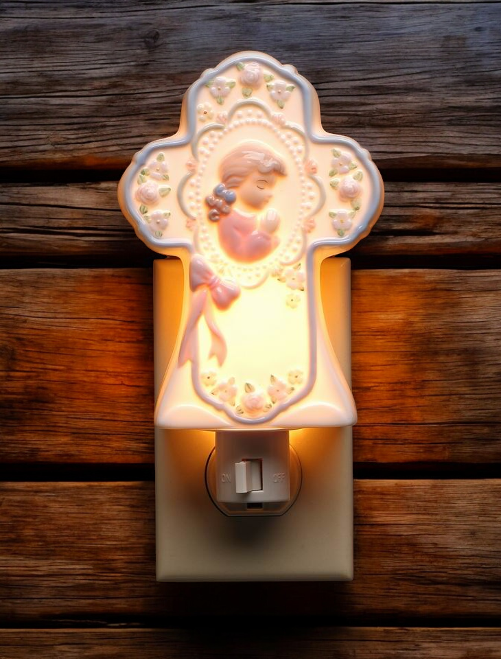 Ceramic Praying Girl on Cross Plug-In Nightlight Religious Gift or Decor Baptism Gift - Night Lights & Ambient Lighting