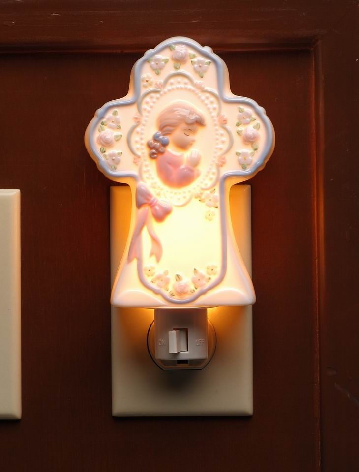 Ceramic Praying Girl on Cross Plug-In Nightlight Religious Gift or Decor Baptism Gift - Night Lights & Ambient Lighting