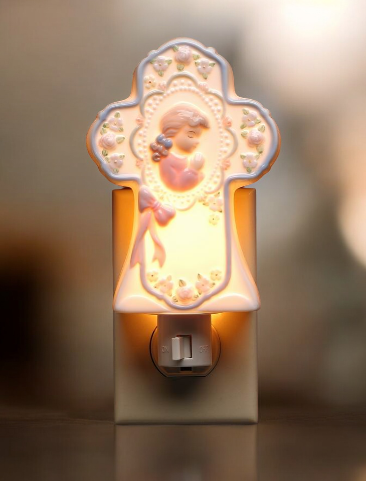 Ceramic Praying Girl on Cross Plug-In Nightlight Religious Gift or Decor Baptism Gift - Night Lights & Ambient Lighting