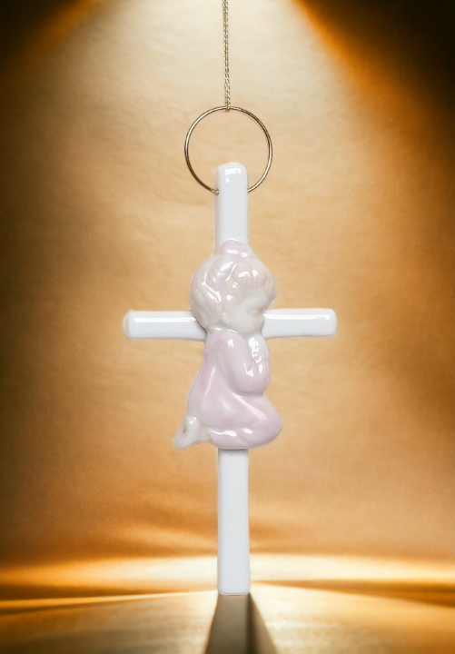 Ceramic Praying Girl On Small Cross Wall Decor Religious Décor Religious Gift Church Décor Baptism Gift - wall decor