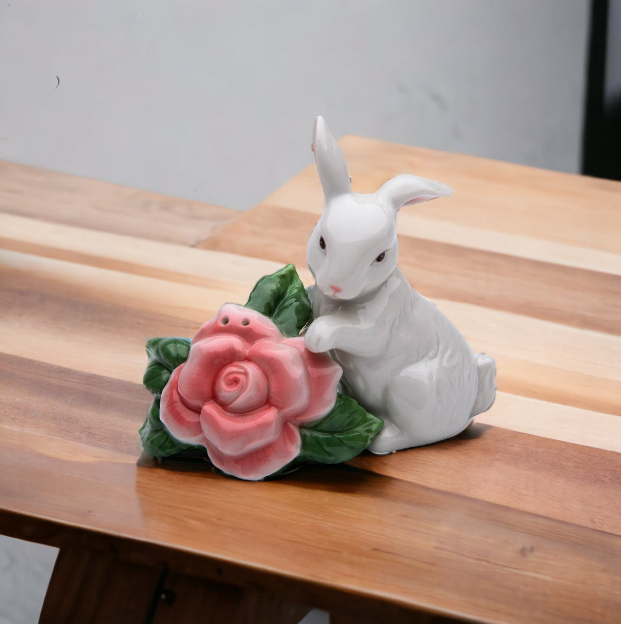 Ceramic Rabbit With Rose Flower Salt & Pepper Shakers Home Décor Gift for Her Gift for Mom Kitchen Décor Spring Décor