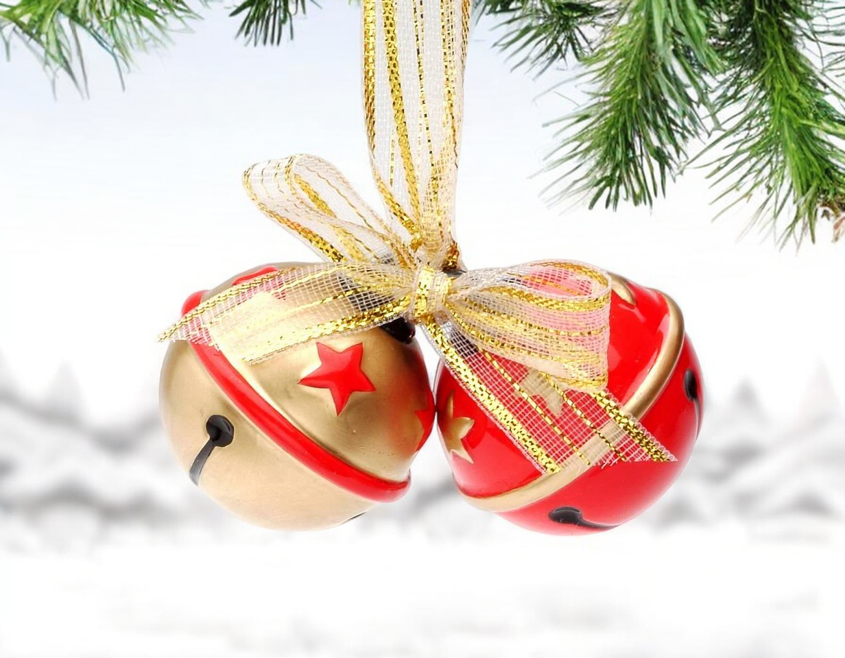Ceramic Red and Gold Christmas Tree Ornament Bells with Gold Ribbon Christmas Decor - ornament