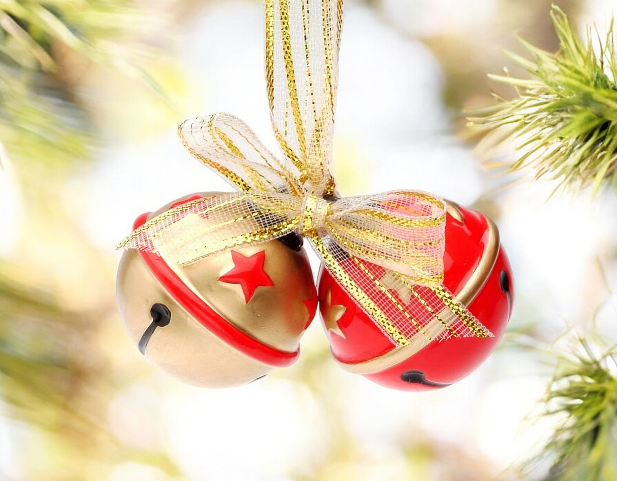Ceramic Red and Gold Christmas Tree Ornament Bells with Gold Ribbon Christmas Decor - ornament