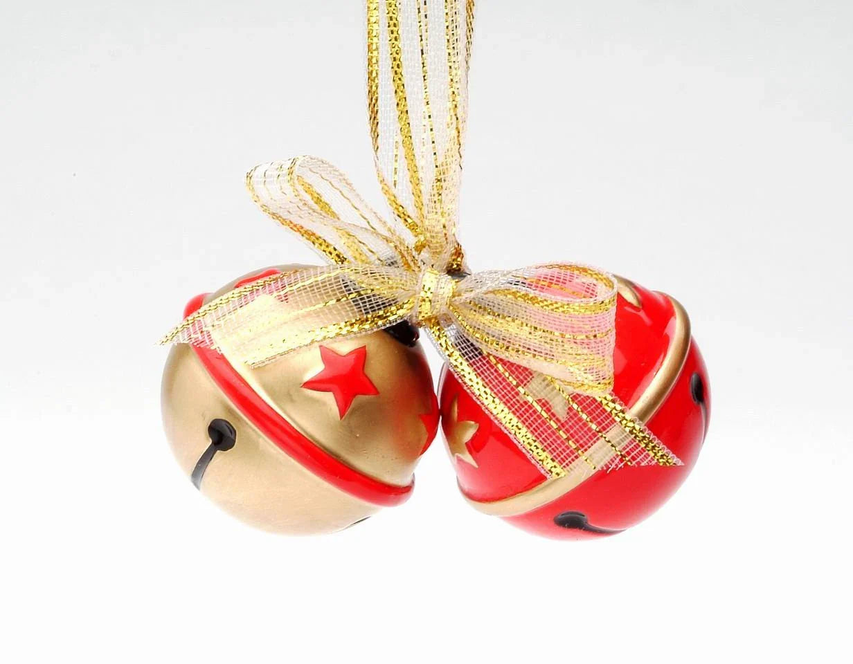 Ceramic Red and Gold Christmas Tree Ornament Bells with Gold Ribbon Christmas Decor - ornament