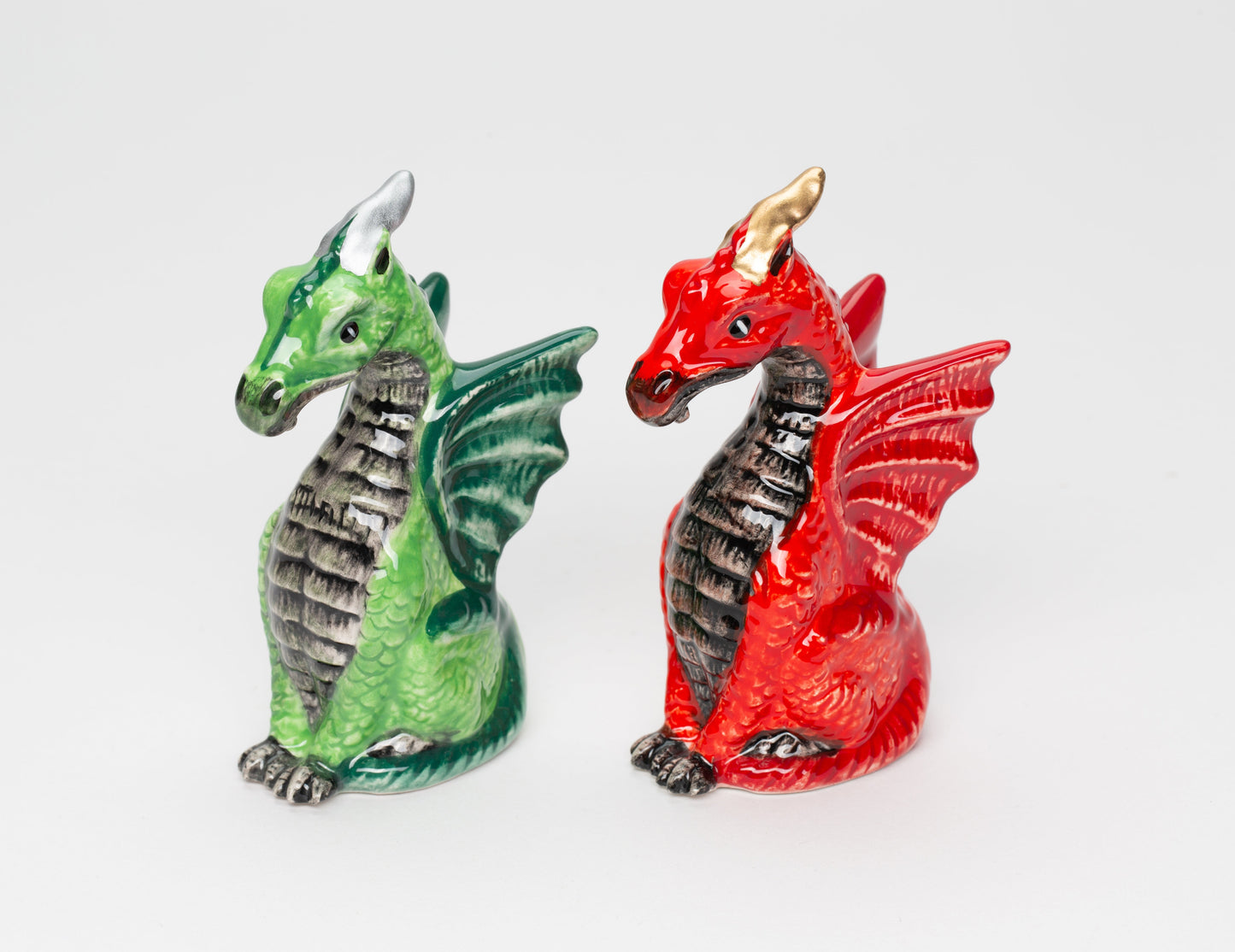 Ceramic Red and Green Medieval Dragon Salt and Pepper Shakers Game Room Decor Gift for Him Gift for Board Game