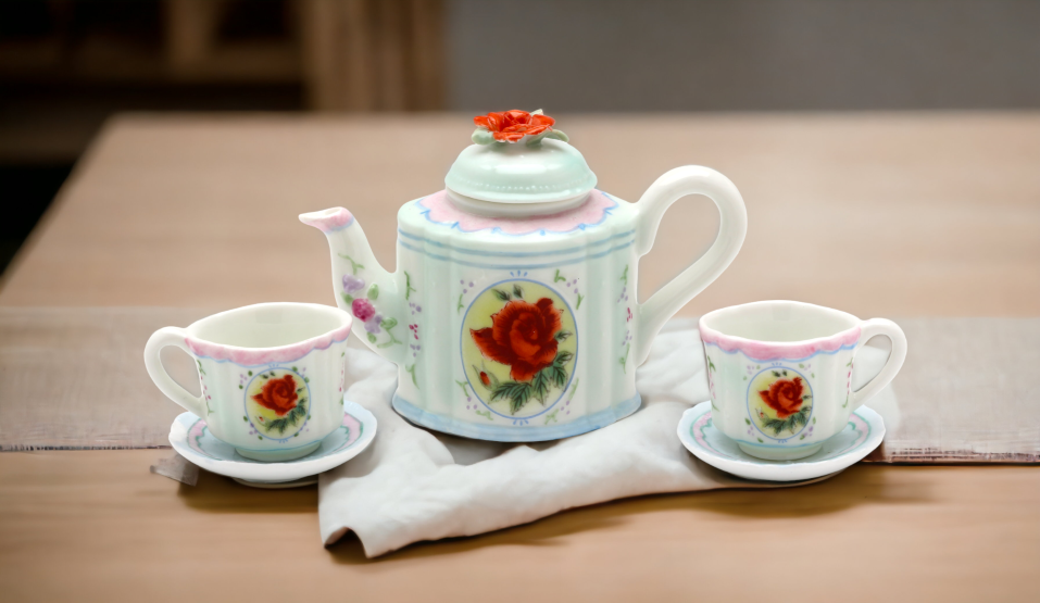 Ceramic Red Rose Mini Tea Set-5 Piece Set Gift for Her Gift for Mom Gift for Friend or Coworker Tea Party Décor Café