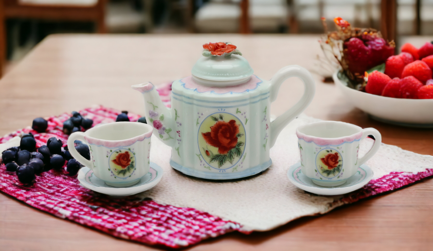 Ceramic Red Rose Mini Tea Set-5 Piece Set Gift for Her Gift for Mom Gift for Friend or Coworker Tea Party Décor Café