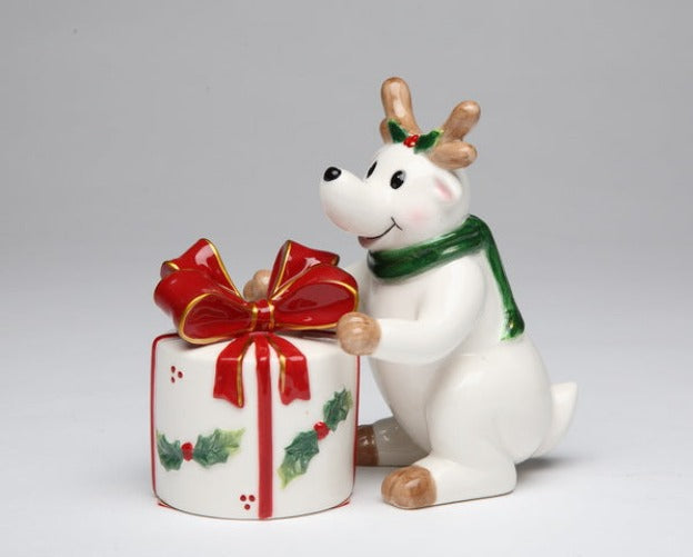 Ceramic Reindeer with Gift Box Christmas Salt and Pepper Shakers Christmas Decor Gift for Her Gift for Mom - Salt &