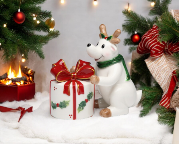 Ceramic Reindeer with Gift Box Christmas Salt and Pepper Shakers Christmas Decor Gift for Her Gift for Mom - Salt &