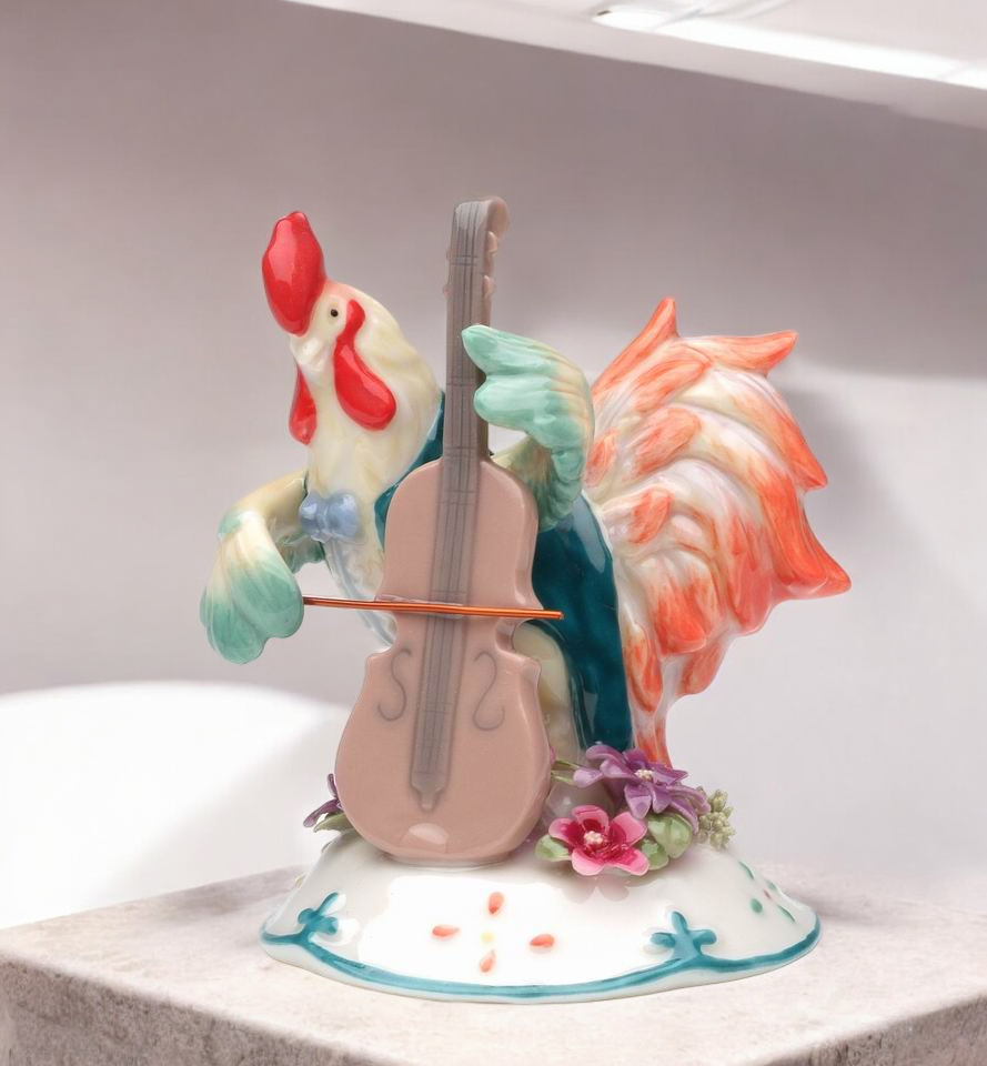Ceramic Rooster Playing Bass Instrument Figurine Bass Player Gift Musician Gift Farmhouse Decor - Figurine