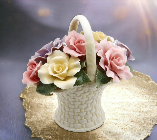 Ceramic Rose Flowers Basket Figurine Wedding Décor or Gift Anniversary Décor or Gift Home Décor Gift for Her Gift