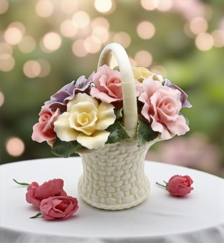 Ceramic Rose Flowers Basket Figurine Wedding Décor or Gift Anniversary Décor or Gift Home Décor Gift for Her Gift