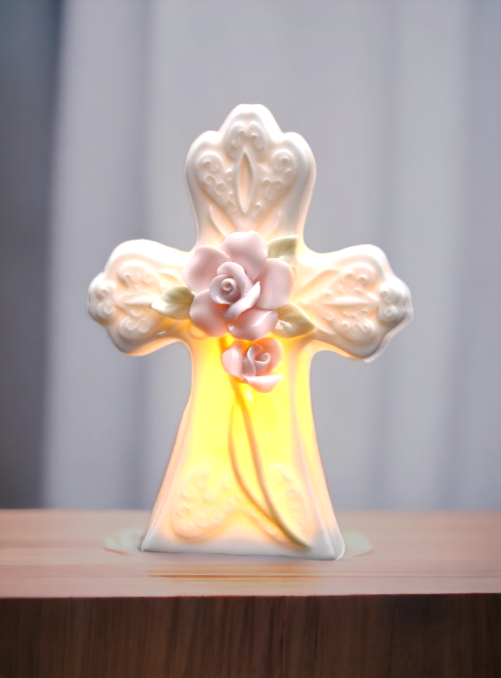 Ceramic Rose Flowers on Cross Plug-In Nightlight Religious Décor Religious Gift Church Décor Church Gift Baptism Gift