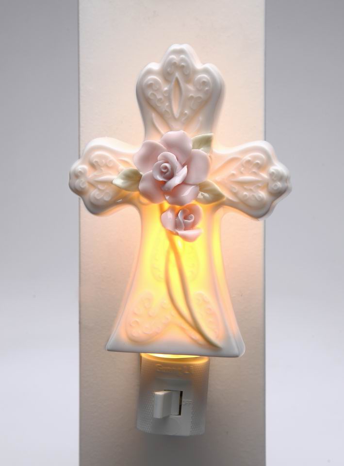 Ceramic Rose Flowers on Cross Plug-In Nightlight Religious Décor Religious Gift Church Décor Church Gift Baptism Gift
