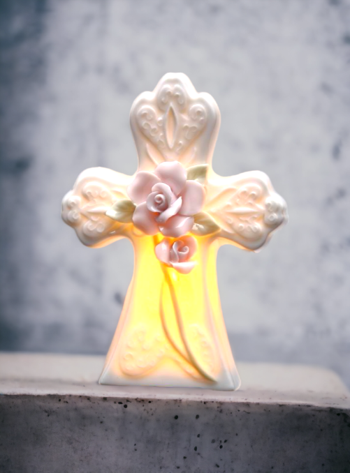 Ceramic Rose Flowers on Cross Plug-In Nightlight Religious Décor Religious Gift Church Décor Church Gift Baptism Gift