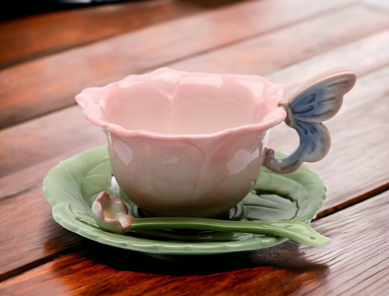 Ceramic Rose with Butterfly Cup and Saucer and Spoon-1 Set Gift for Her Gift for Mom Gift for Friend Tea Party Décor