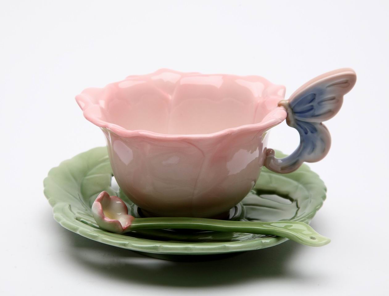 Ceramic Rose with Butterfly Cup and Saucer and Spoon-1 Set Gift for Her Gift for Mom Gift for Friend Tea Party Décor