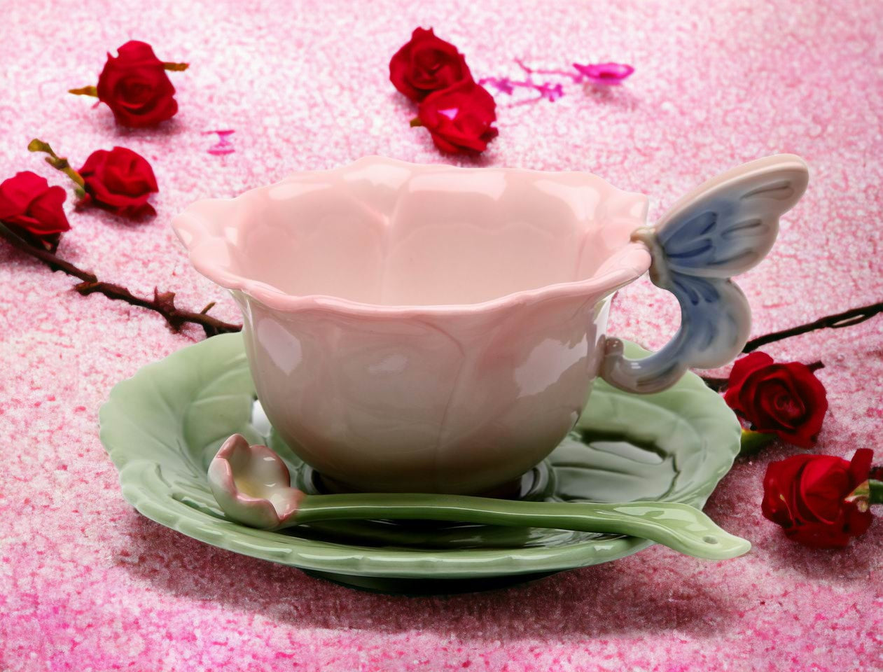 Ceramic Rose with Butterfly Cup and Saucer and Spoon-1 Set Gift for Her Gift for Mom Gift for Friend Tea Party Décor