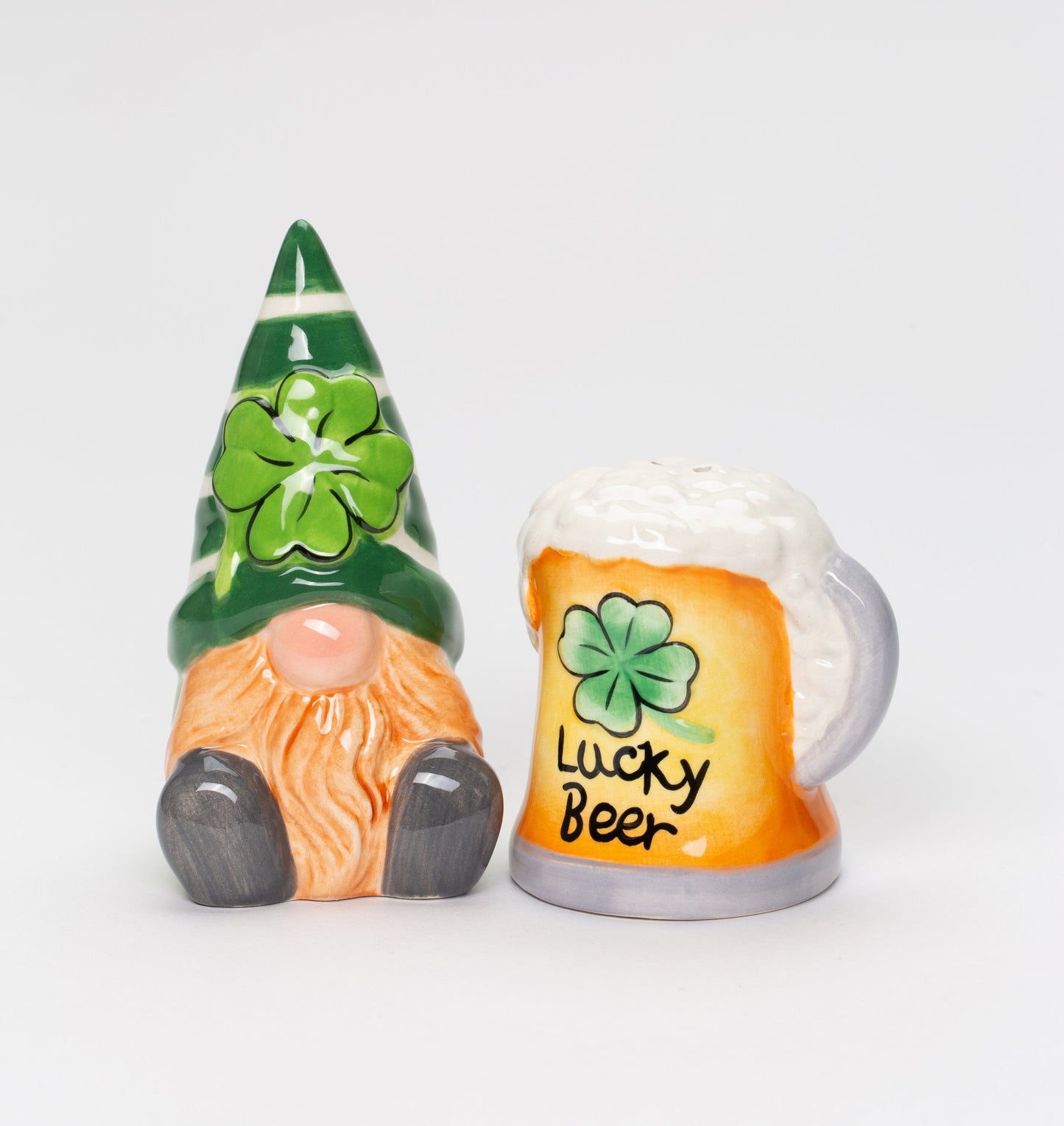 Ceramic Saint Patrick’s Day Gnome with Beer Salt and Pepper Shakers Irish Beer Fairy Garden Decor Lucky Beer Gift