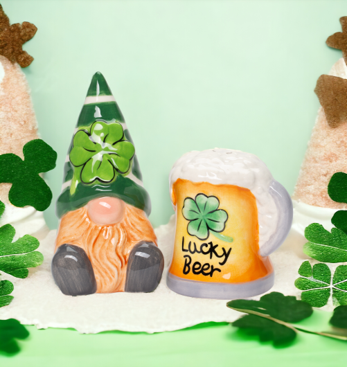 Ceramic Saint Patrick’s Day Gnome with Beer Salt and Pepper Shakers Irish Beer Fairy Garden Decor Lucky Beer Gift