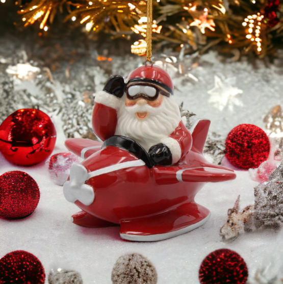 Ceramic Santa Claus Flying Red Airplane Ornament Home Décor Gift for Pilot Her Mom Him Dad Christmas tree Décor Wall