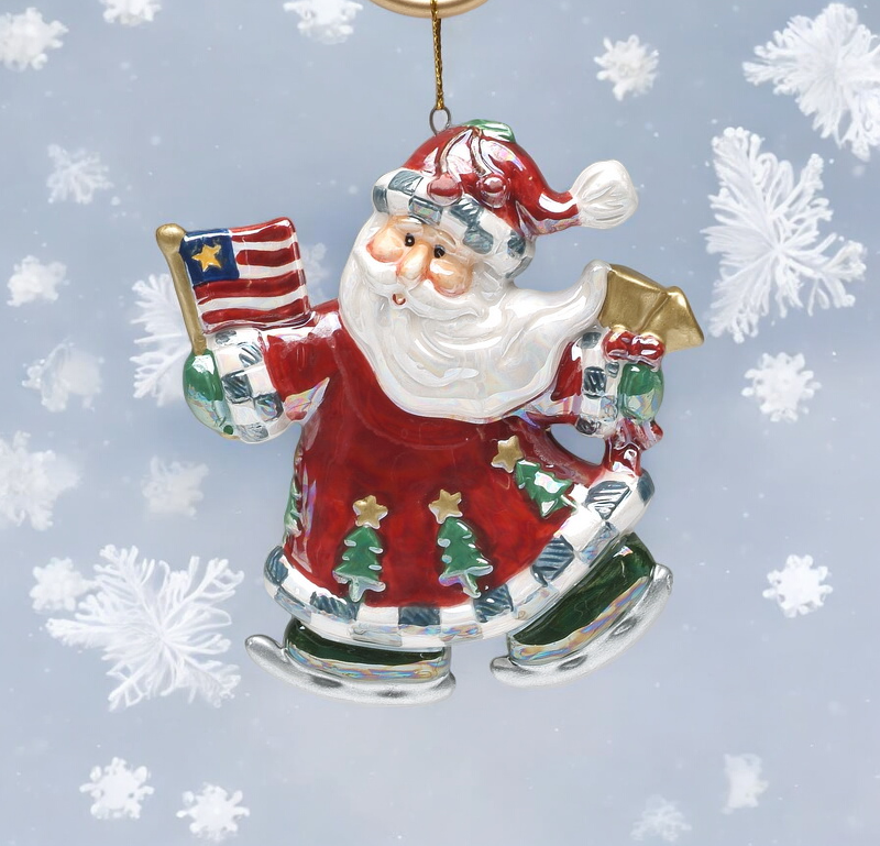 Ceramic Santa Claus Holding American Flag Ornament Christmas Decor Patriotic Christmas Tree Gift for Her Gift for Mom