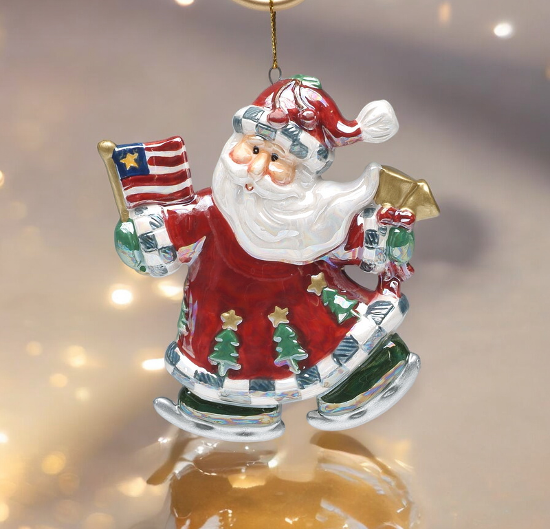 Ceramic Santa Claus Holding American Flag Ornament Christmas Decor Patriotic Christmas Tree Gift for Her Gift for Mom