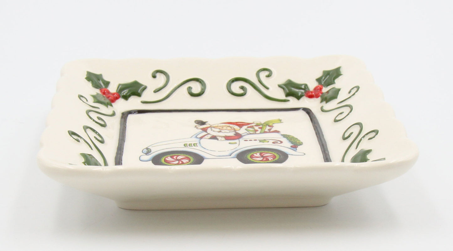 Ceramic Santa Is Coming To Town Driving Car Square Plate Set Of 3 Home Décor Gift for Her Gift for Mom Kitchen Décor