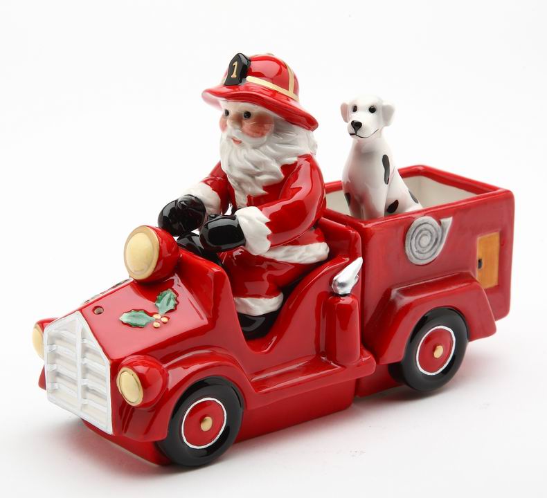 Ceramic Santa On A Firetruck Salt and Pepper Shakers with Box (Set Of 3) Home Décor Gift for Firefighter Christmas
