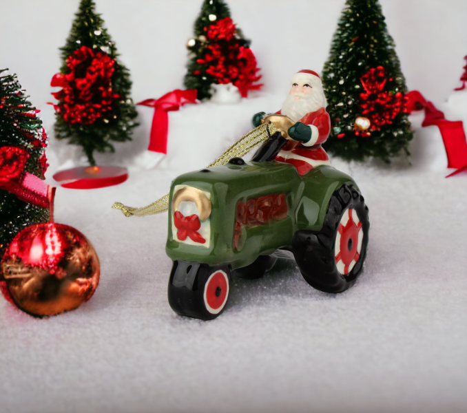 Ceramic Santa On Green Tractor Ornament Gift for Him or Dad Kitchen Décor Christmas Décor Gift for Farmer Farmhouse