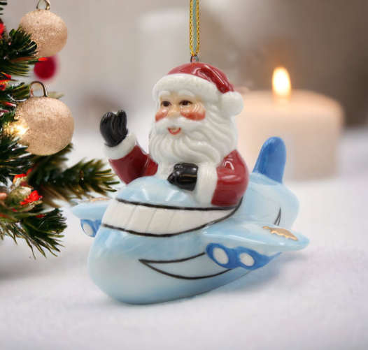 Ceramic Santa Ornament in Blue Airplane Home Décor Gift for Her Gift for Him Gift for Pilot Kitchen Décor Christmas