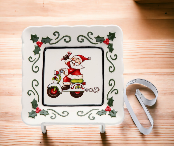 Ceramic Santa With Scooter Plate And Candy Cane Cookie Cutter Home Décor Gift for Her Gift for Mom Kitchen Décor