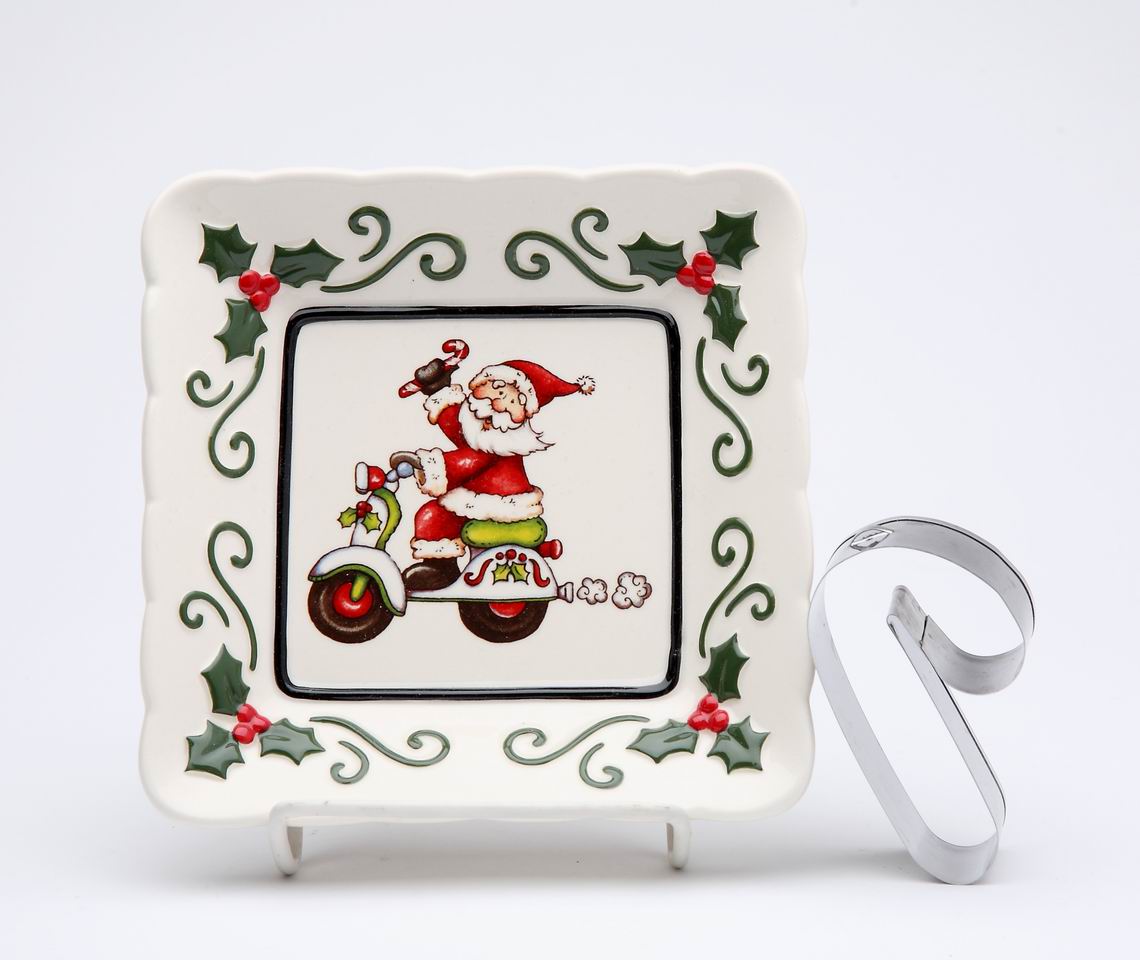 Ceramic Santa With Scooter Plate And Candy Cane Cookie Cutter Home Décor Gift for Her Gift for Mom Kitchen Décor
