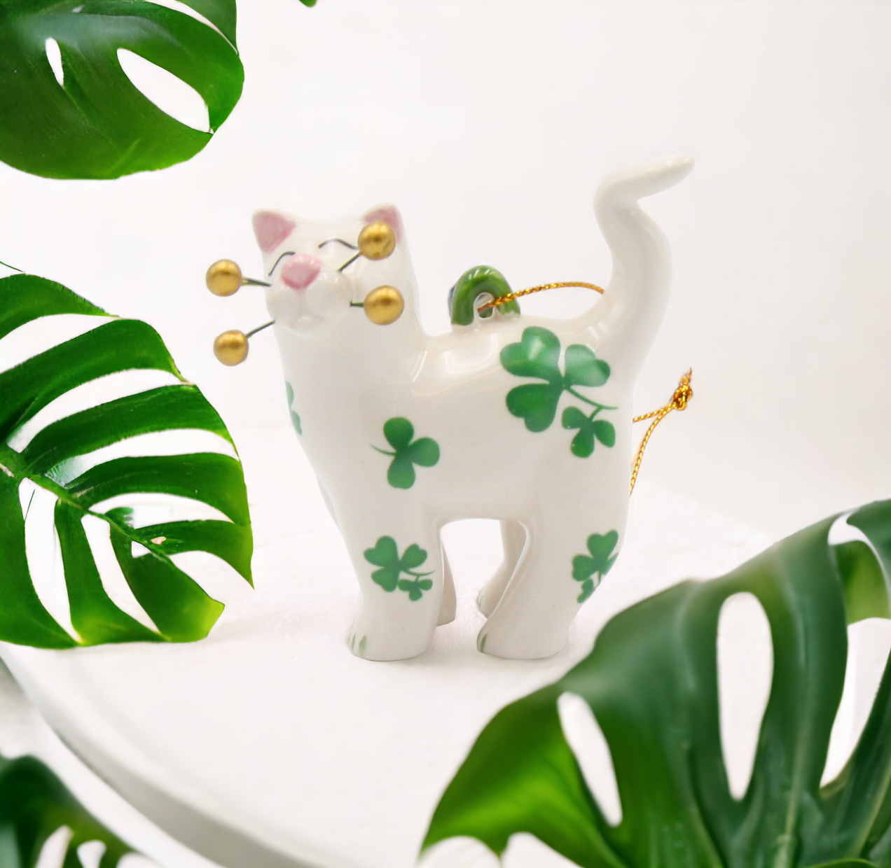 Ceramic Shamrock Cat Ornament Home Décor Gift for Her Gift for Mom Kitchen Décor Irish Saint Patrick’s Day Décor